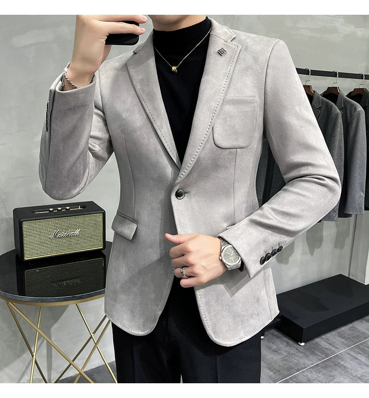 Men's Deerskin Fleece Jacket Suit Coat Blazer Men's Business Leisure Slim Fit Brand Fashion High Quality Single Button Suit Coat