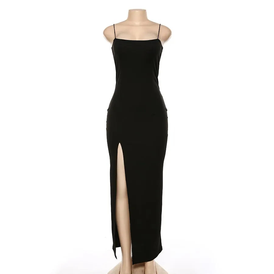 Spring and autumn camisole dress, straight neck, thin shoulder straps, split A-line long skirt