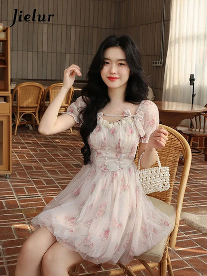 Jielur Lolita Pink Y2k Mini Dress Woman Beach Short Sleeve Floral Dress New Korean Fashion Casual Sweet Short Party Dress Summer