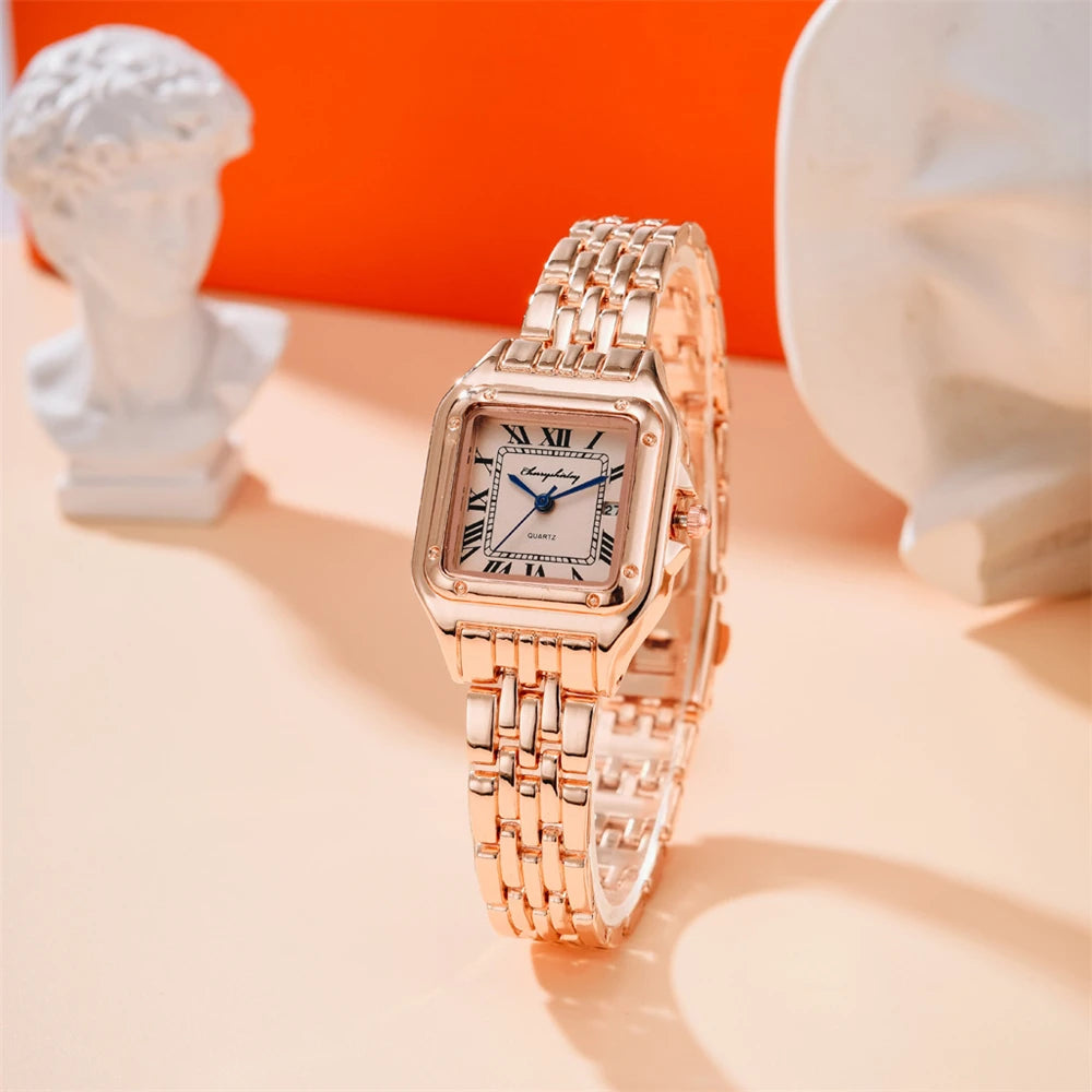 Luxury Branded Women Watches 2023 Simple Square Roman Calendar Women Quartz Watch Fashion Stainless Steel Strap Ladies Clock