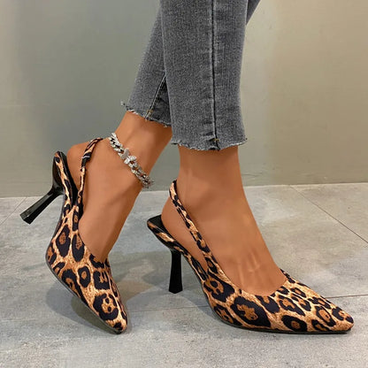 Fashion Women's Leopard Print Shoes Designer Simple Non-Slip Pointed Toe Ladies Thin Heels Sandals  Comfortable Woman Slippers