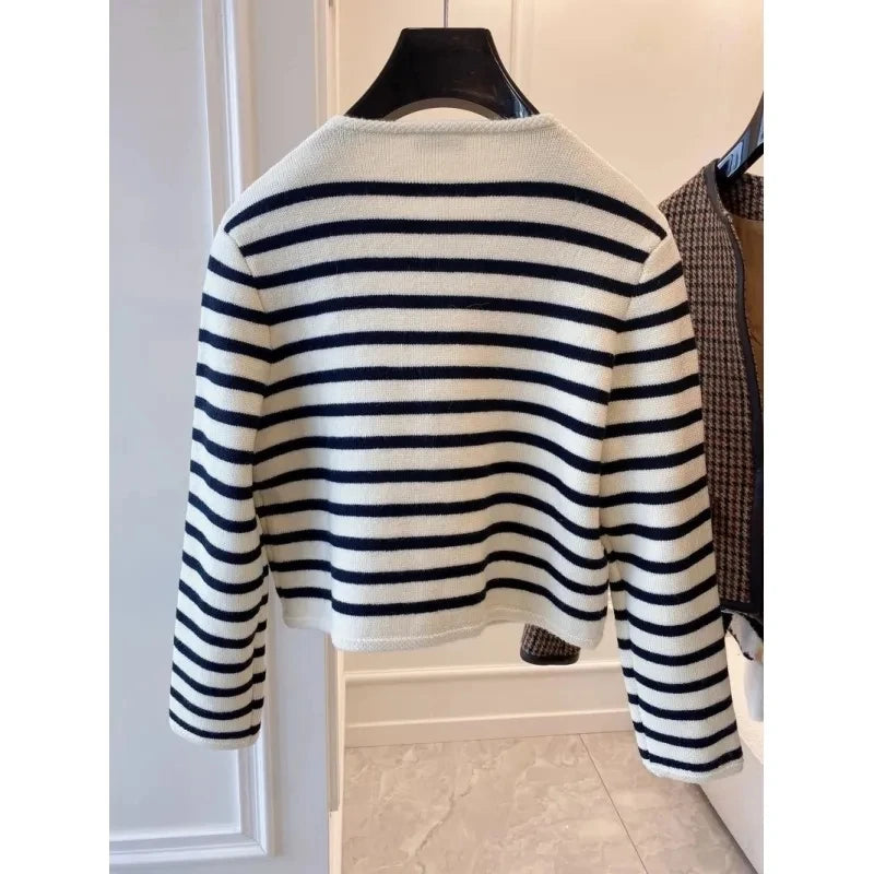 2 Colors Striped Knitted Sweater Black Cardigan Women Korean Fashion Long Sleeve Top Casual Cardigans Women Clothes Crop Sweater