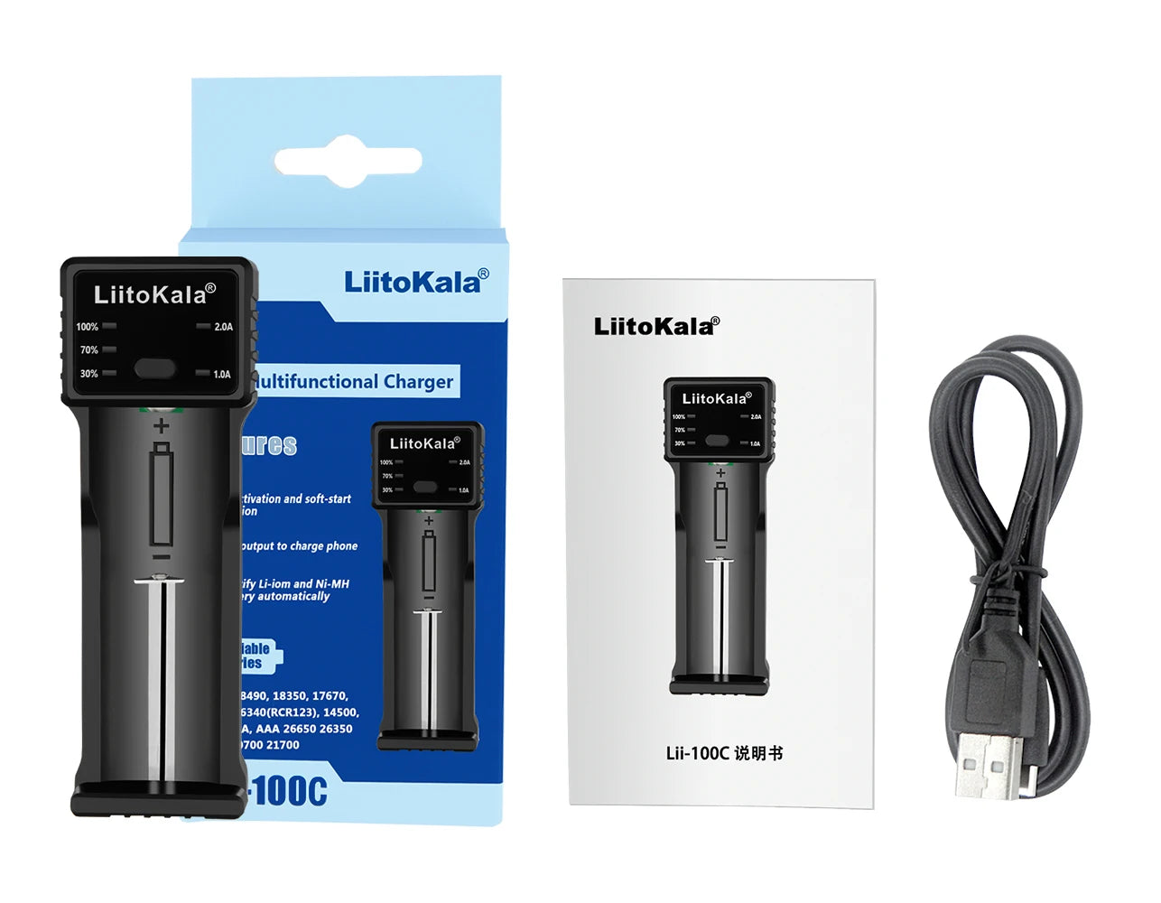 LiitoKala Lii-100C Lii-100 Battery Charger For 18650 18350 26650 16340 RCR123 14500 3.7V 1.2V Ni-MH Ni-Cd 2A USB Smart Charger