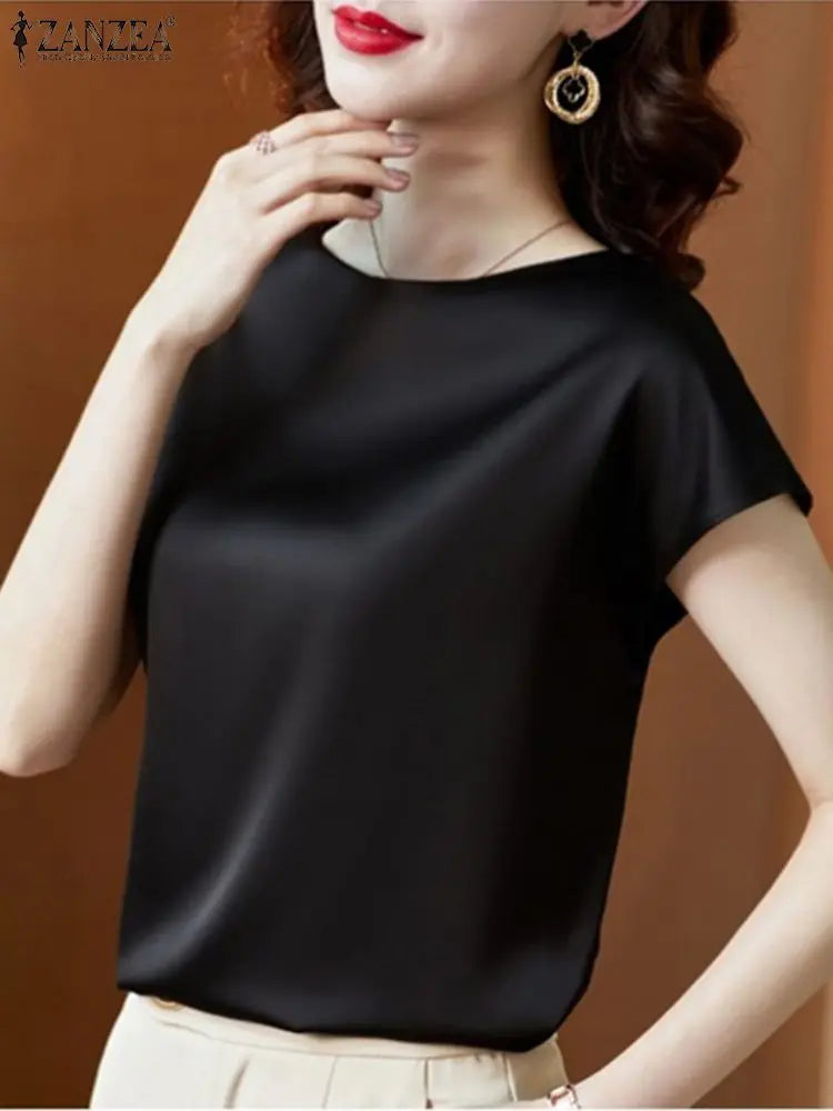 2024 ZANZEA Summer Fashion Blouse Elegant Short Sleeve Satin Shirt Women Stylish OL Work Shirt Female Party Blusas Tunic Chemise