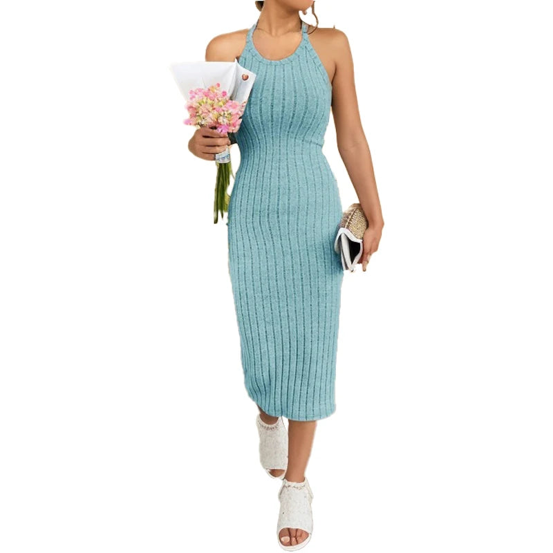 Solid Halter Neck Bodycon Midi Dress High-end temperament vest halter dress women's summer new high-waist slim temperament slim