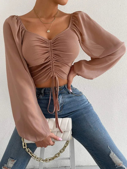 ALLUKASA Sexy Mesh Lantern Sleeves Drawstring Wrap Chest Bare Midriff T Shirt Women Long Sleeves Bottoming