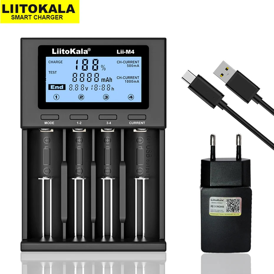 LiitoKala Lii-M4 18650 Charger LCD Display Universal Smart Charger Test Capacity 26650 18650 21700 AA AAA Battery 4slot 5V 2A