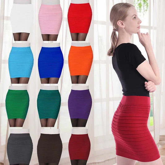 Summer Women High Waist Skirt Solid Color Elastic Pleated Skirt For Office Lady Draped Slim Mini Skirt Sexy Lady Pencil Skirts