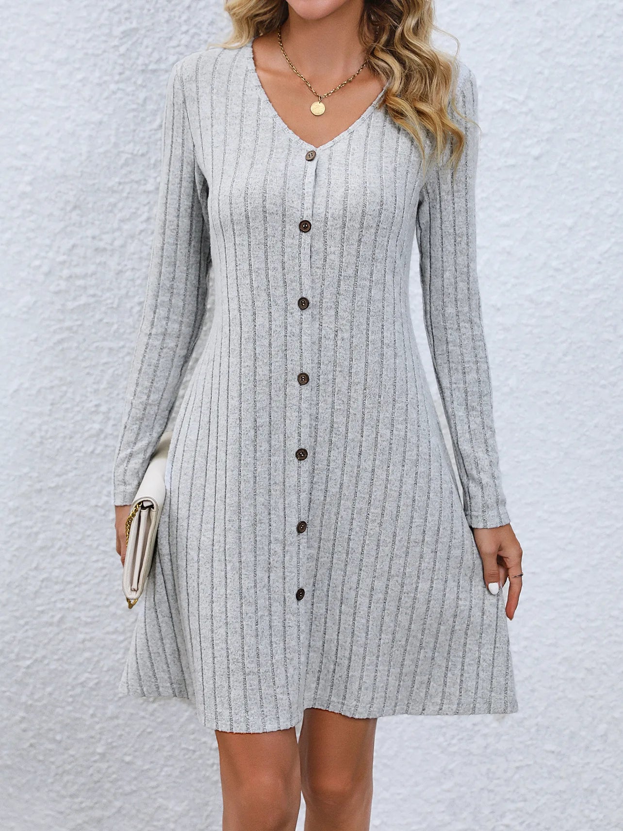 Fashion Solid Ribbed Knitted Mini Dress Women Button Long Sleeve A Line Dresses 2023 Autumn Lady Streetwear Robe