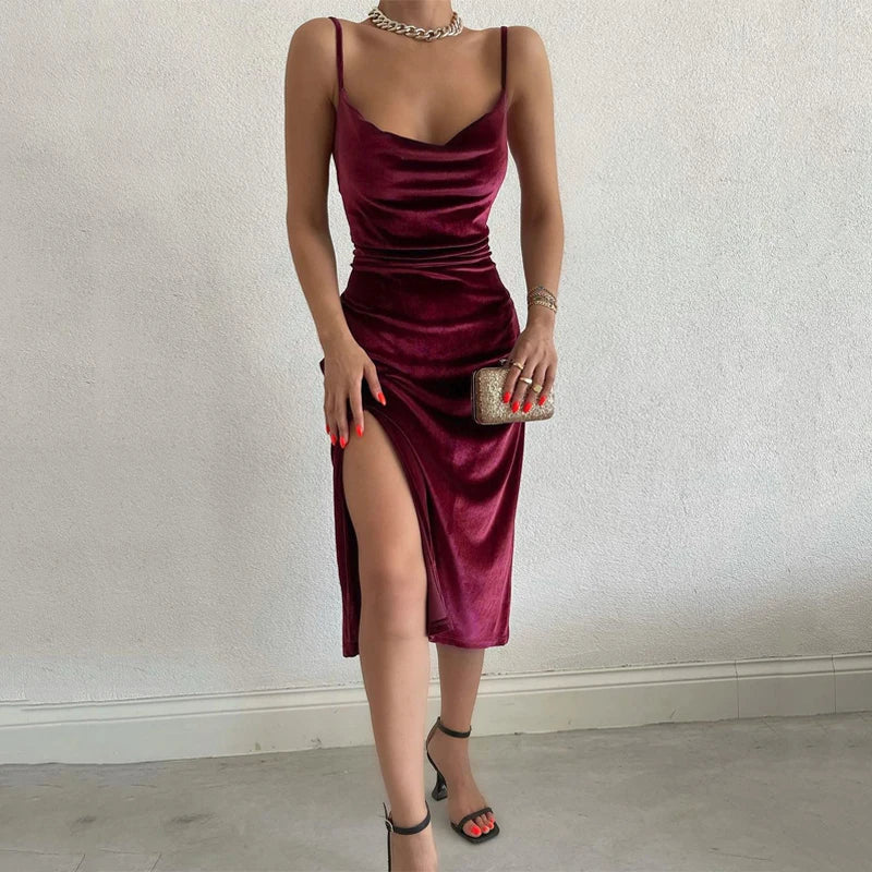 Hugcitar Velvet Swing Collar Sleeveless Slip Sexy Slit Maxi Dress 2023 New Fashion Evening Party Women Elegant Streetwear Y2K