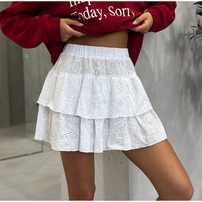 Elegant White Ruffled High Waist Mini Skirt For Women Fashion Casual Pleated Fluffy A-line Skirts Summer Lady Party Casual Skirt