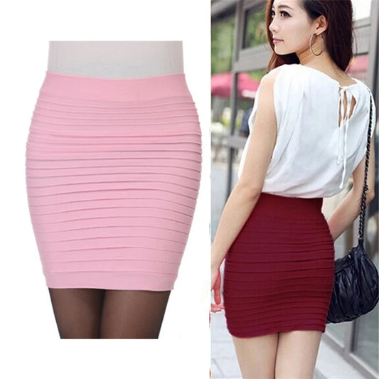 Elastic Pleated Skirt High Waist Bodycon Mini Skirt Business Office Cheap Short Pencil Skirts Solid Color Pink Black Blue Hot