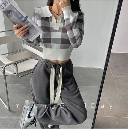 Autumn Winter Vintage Knitwear Crop Tops Women Pullover Sweaters Fashion Female Long Sleeve Elastic Casual Plaid Knitted Shirts