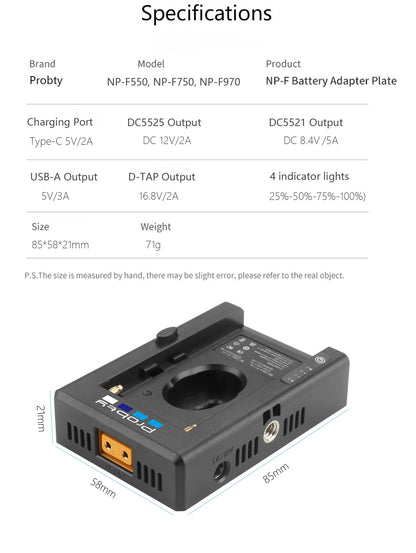 NP-F Battery Charger Battery Adapter Plate Cold Shoe Adapter 1/4in for NP-F550 F750 F970 for BMPCC 4K 6K DSLR ILDC