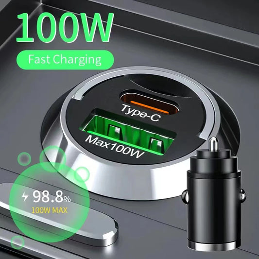 100W Mini Car Charger PD Type C Fast Charging For iPhone 15 QC 3.0 Mini USB C Car Mobile Phone Charger For Samsung Xiaomi Huawei