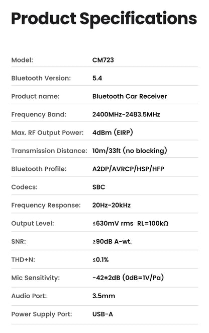 Bluetooth 5.4 Car Receiver Adapter with Mics and Noise Cancellation, USB AUX Bluetooth Receiver Car Kit Stereo Audio