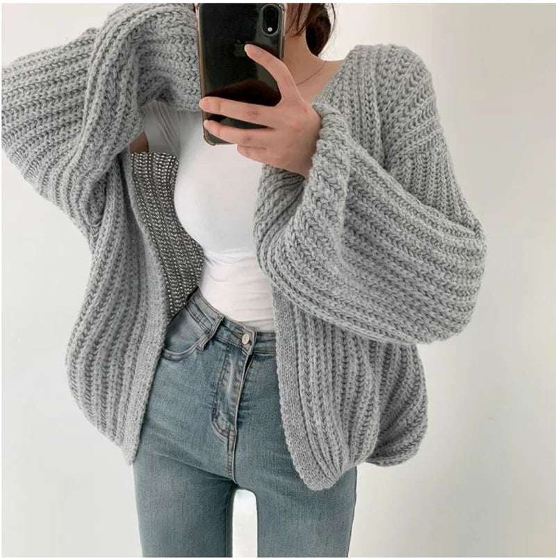 CAKULO Vintage Harajuku Lantern Sleeve Women Cardigan Sweater Casual Korean Fall Streetwear Tops Coat Chic Lazy Wind Y2k Sweater