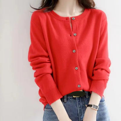 Korean Single Breasted Cardigans Sweater Women Autumn Winter O-neck Long Sleeve Knitwear Female Basic Solid Color Soft Sweaters