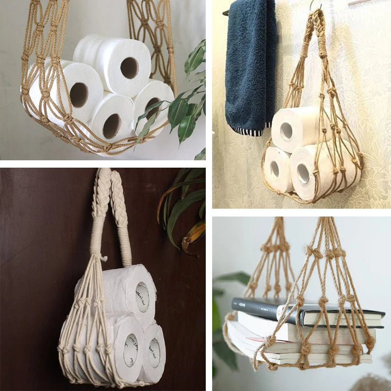 New Storage Net Pocket Bathroom Hand Woven Toilet Paper Roll Storage Net Pocket Retro Bathroom Decoration Book Storage