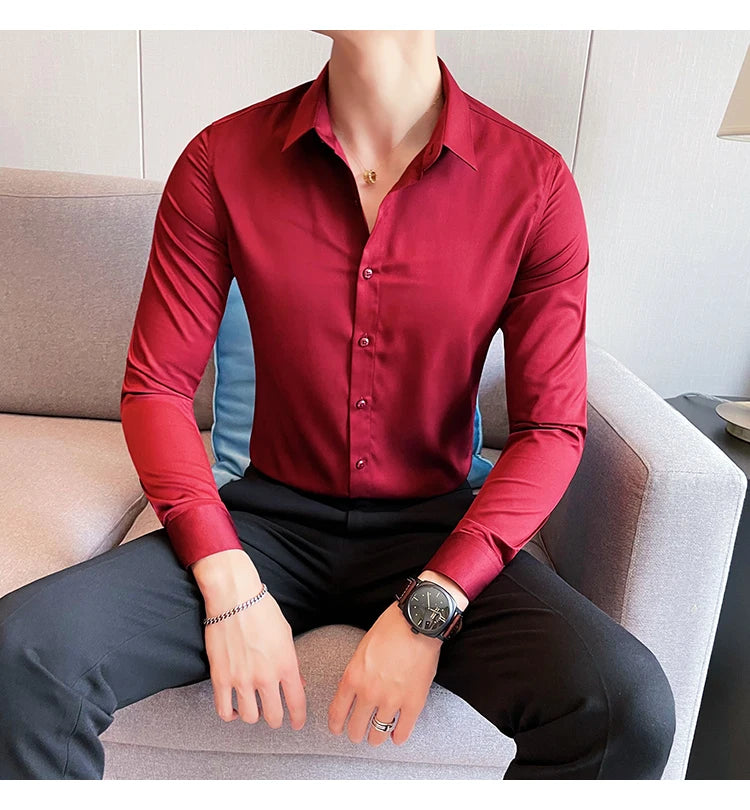 10Color High Quality Solid Dress Shirt Men Simple Long Sleeve Slim Fit Business Shirts Homme Social Casual Shirt Plus Size 5XL-M