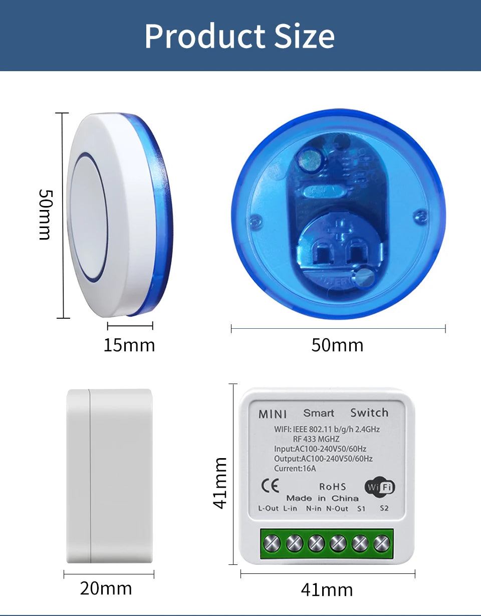 20A Tuya WiFi Smart Switch 16A RF 433Mhz Wireless Relay Receiver Mini Round Panel Switch Alexa Google Home Alice Voice Control