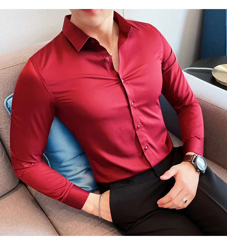 10Color High Quality Solid Dress Shirt Men Simple Long Sleeve Slim Fit Business Shirts Homme Social Casual Shirt Plus Size 5XL-M