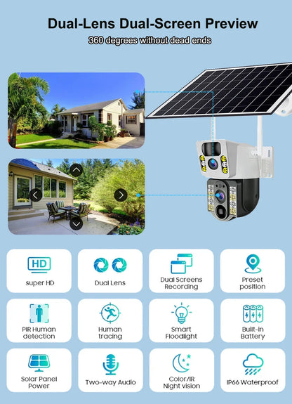 4K Solar Camera 4G SIM Card WiFi Dual Lens 8MP HD Night Vision IP CCTV Surveillance PTZ PIR Human Detection Alarm Waterproof