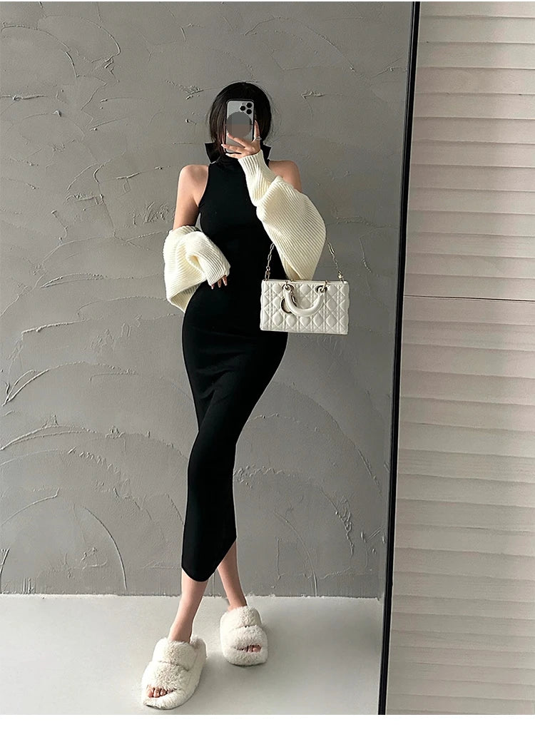 Red Skinny Sexy Turtleneck Midi Dress Women Evening Party Ladies Elastic Hip Wrap Elegant Bodycon Dresses Y2k Clothing