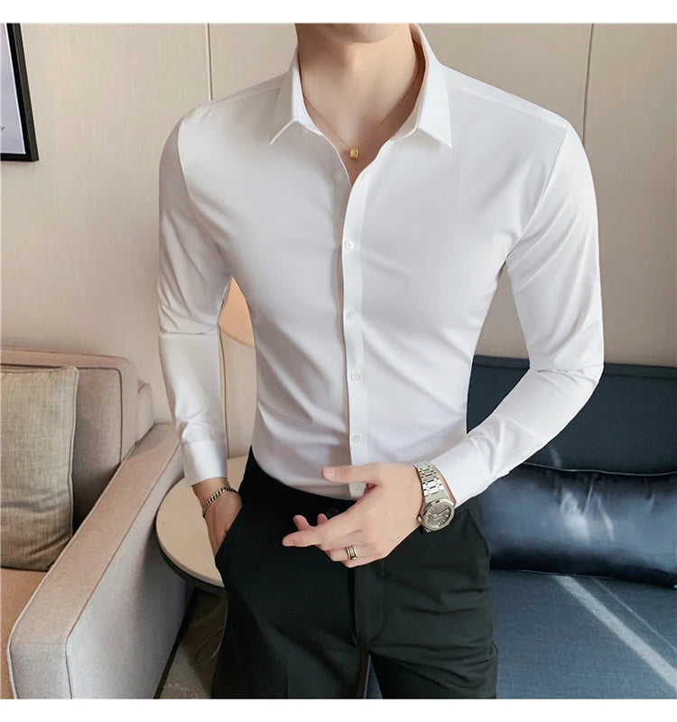 Plus Size 4XL-M High Elasticity Seamless Shirts Men Long Sleeve Top Quality Slim Casual Luxury Shirt Social Formal Dress Shirts