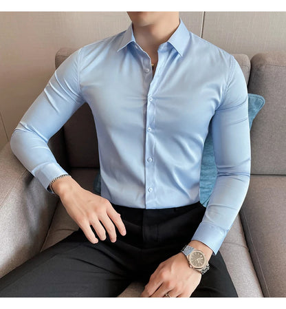 10Color High Quality Solid Dress Shirt Men Simple Long Sleeve Slim Fit Business Shirts Homme Social Casual Shirt Plus Size 5XL-M