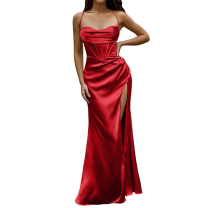 Spaghetti Strap Satin Corset Dress for Women Evening Dresses Vestidos Fishbone Push Up Elegant Women Bodycon Party Long Dress