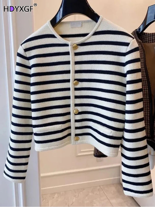 2 Colors Striped Knitted Sweater Black Cardigan Women Korean Fashion Long Sleeve Top Casual Cardigans Women Clothes Crop Sweater