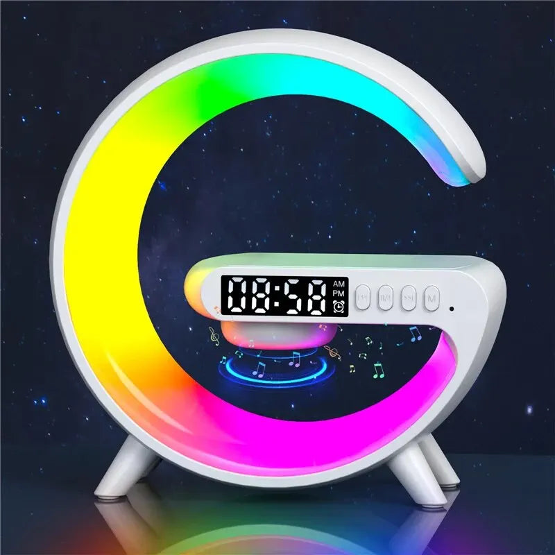 Wireless Charger Pad Stand Speaker TF Card RGB Night Light Lamp Alarm Clock Fast Charging Station Dock for iPhone Samsung Xiaomi