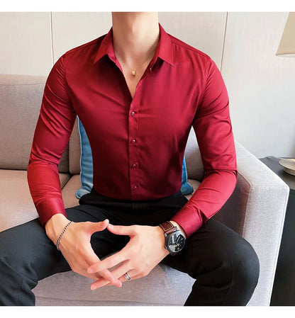 10Color High Quality Solid Dress Shirt Men Simple Long Sleeve Slim Fit Business Shirts Homme Social Casual Shirt Plus Size 5XL-M