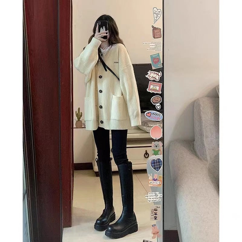 Autumn Winter Women Cardigan Sweater Coats Fashion Female Long Sleeve V-neck Loose Knitted Jackets Casual Sweater Cardigans