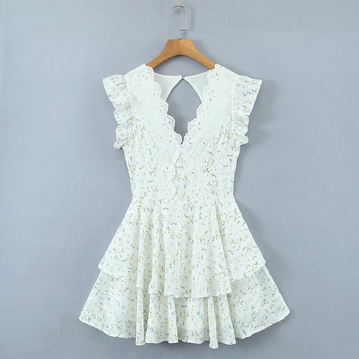 Sexy Women Hollow Out Hole Embroidery Lace Spliced Flower Print Mini Dress V neck Ruffles Sleeve Hollow Out Back Short Robe