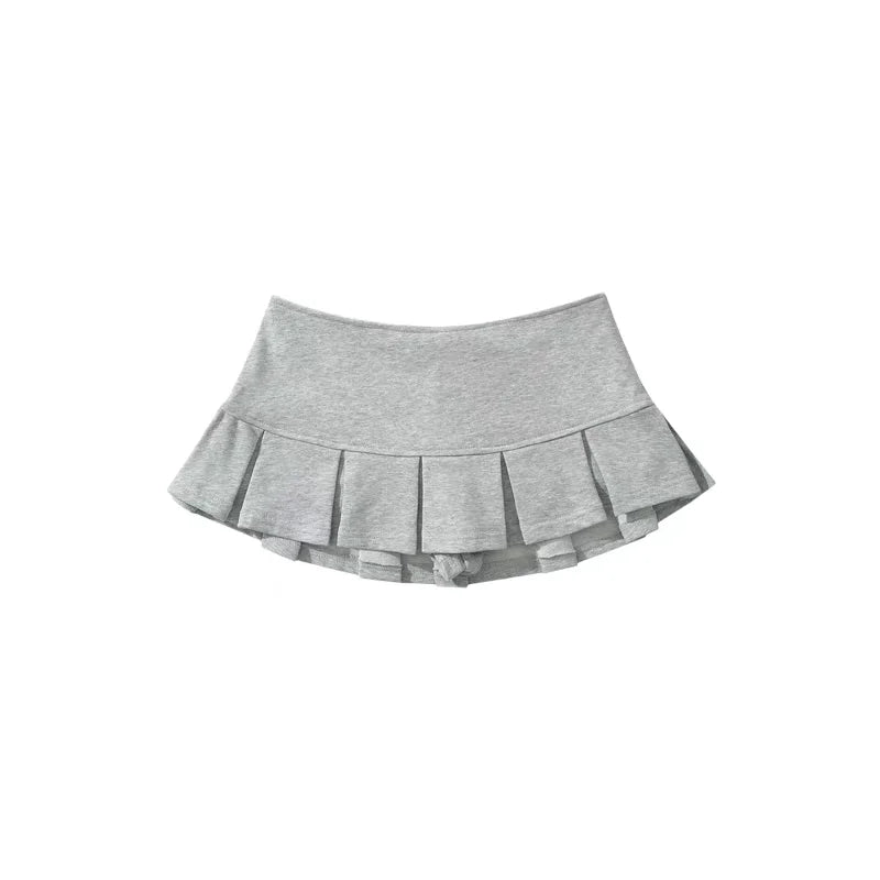 HOUZHOU Terry Fabric Y2K Mini Skirt Women Low Waist Wide Pleat Light Grey Sexy Vintage A-line Pleated Skirt Casual Skort Summer