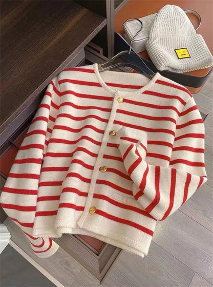 Korean Fashion Sweater Cardigan White Black Striped Knitted Sweater Women 2023 Winter Short Cardigan Long Sleeve Cardigan Female