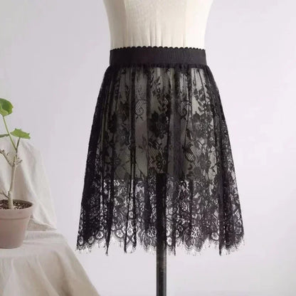 2 Length Elegant Black Skirt White Lace Transparent Long Tulle Skirt Ladies Elastic High Waist Beach Midi Skirt Drop shipping