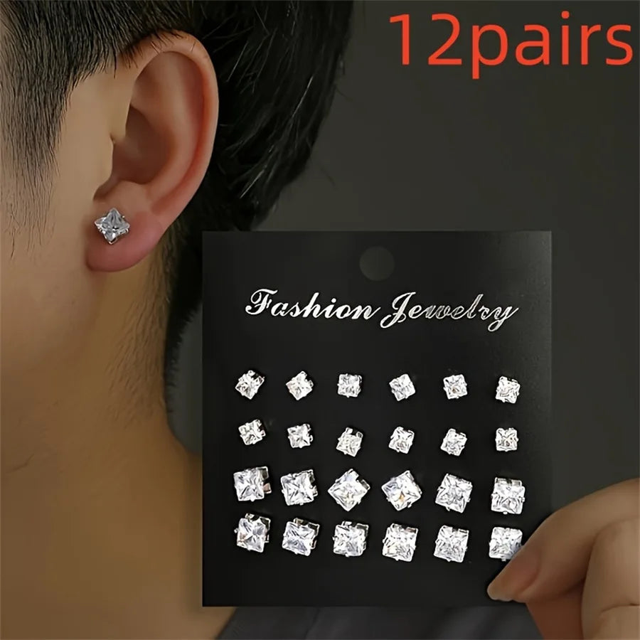 12 Pair/Lot White Shiny Wedding Stud Earrings Set for Women Men Cubic zircon Jewelry Accessories Minimalist Earring Jewelry Gift