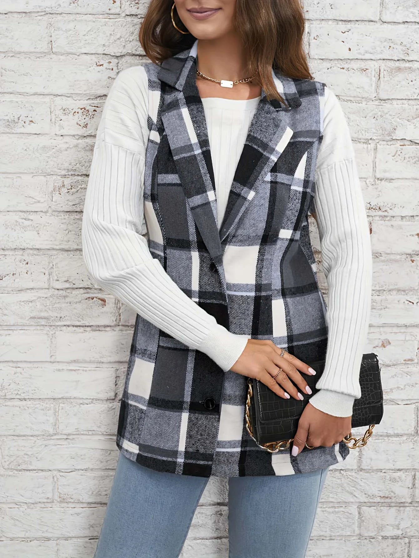 Europe America Hot selling women's elegant commuting lapel single breasted multicolored plaid spring and autumn vest