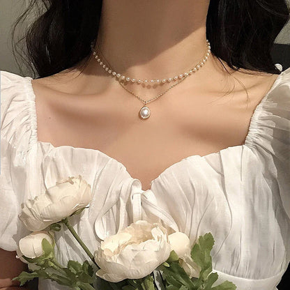 SUMENG 2024 New Fashion Kpop Pearl Choker Necklace Cute Double Layer Chain Pendant For Women Jewelry Girl Gift