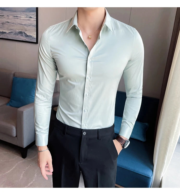 10Color High Quality Solid Dress Shirt Men Simple Long Sleeve Slim Fit Business Shirts Homme Social Casual Shirt Plus Size 5XL-M