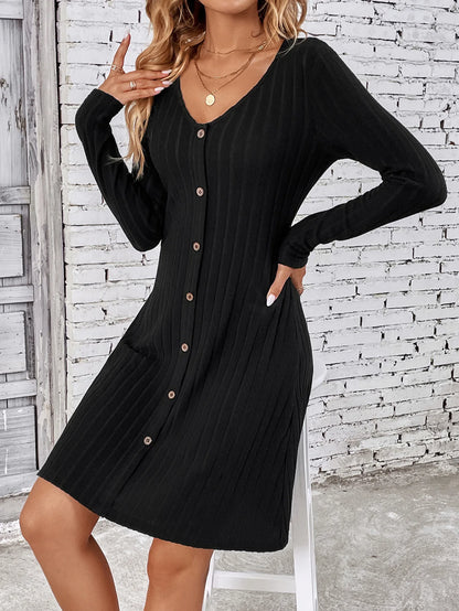 Fashion Solid Ribbed Knitted Mini Dress Women Button Long Sleeve A Line Dresses 2023 Autumn Lady Streetwear Robe