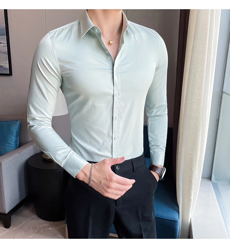 10Color High Quality Solid Dress Shirt Men Simple Long Sleeve Slim Fit Business Shirts Homme Social Casual Shirt Plus Size 5XL-M