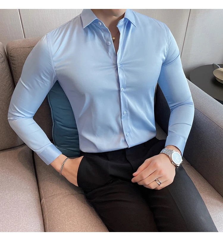 10Color High Quality Solid Dress Shirt Men Simple Long Sleeve Slim Fit Business Shirts Homme Social Casual Shirt Plus Size 5XL-M