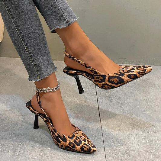 Fashion Women's Leopard Print Shoes Designer Simple Non-Slip Pointed Toe Ladies Thin Heels Sandals  Comfortable Woman Slippers