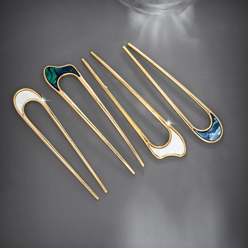 Fashion Luxury Silver Gold Color Elegant Shell Enamel Hairpin for Women Metal U Shape Hair Stick Hairwear Accessories Jewelry