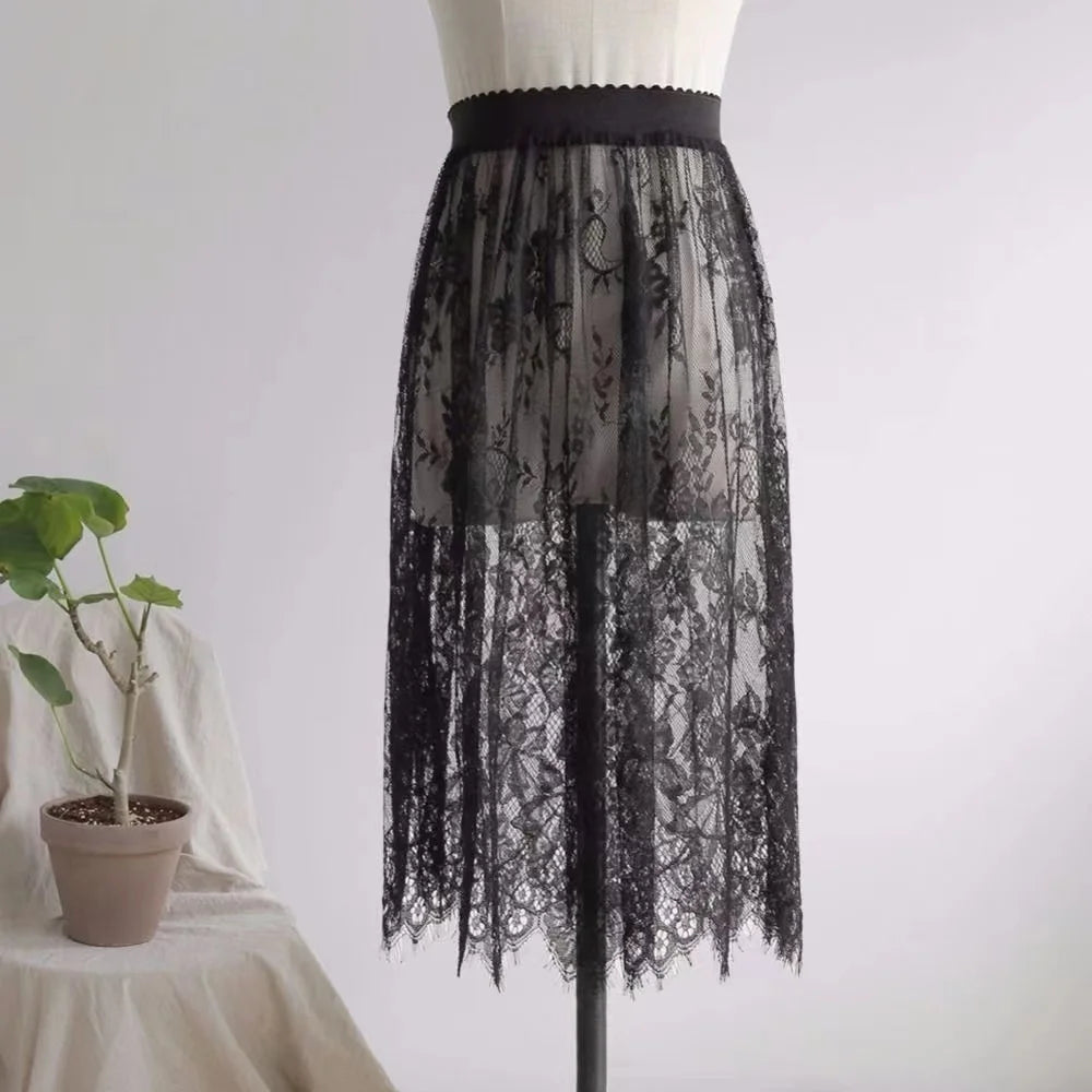 2 Length Elegant Black Skirt White Lace Transparent Long Tulle Skirt Ladies Elastic High Waist Beach Midi Skirt Drop shipping