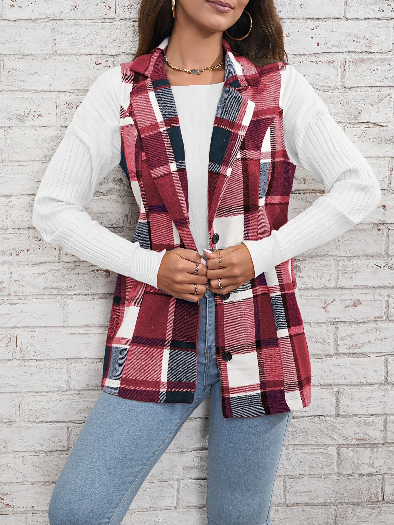 Europe America Hot selling women's elegant commuting lapel single breasted multicolored plaid spring and autumn vest